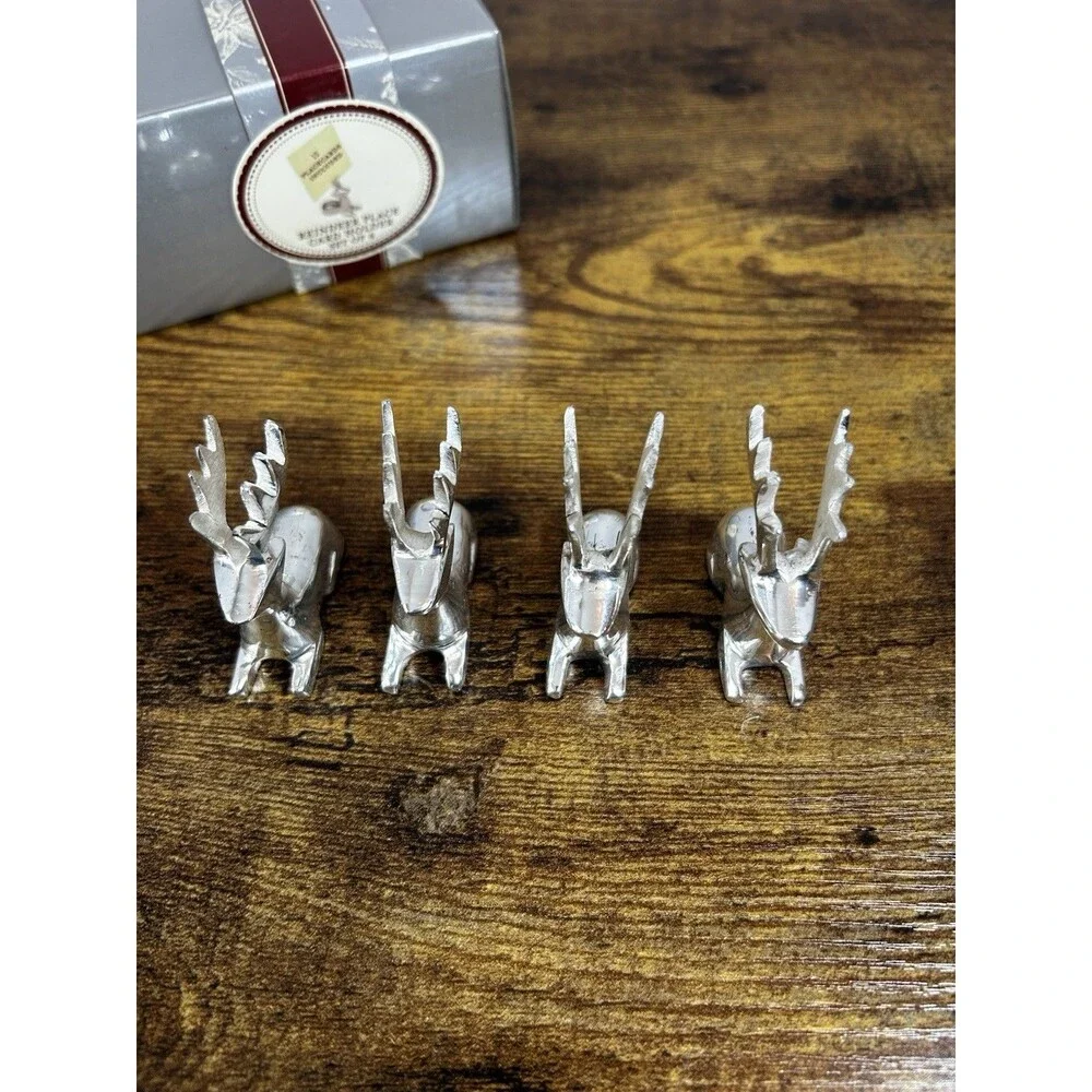 VTG Silver Plated Reindeer Place Card Holders Set of 4 with Blank Placecards